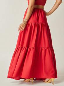 Vixey 纯色梭织弹性腰带分层长裙 - 紅色 - 查看 3