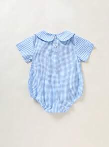 女婴休闲格子短袖连体衣，夏季新生儿男婴服装，夏季蓝色男婴服装，格子婴儿服装 - 藍色 - 查看 2