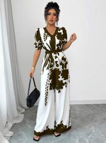 Rafferiza 女士优雅宽松收腰数码印花连体裤