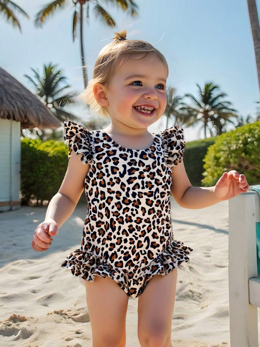SHEIN Baby Girls Playful Leopard Print Swimsuit: Ruffle Trim Design Unlocks Fashionable Swimming For Babies In Summer - Multicolor - View 1