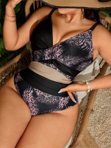 SHEIN Swim Curve Plus Size Women's Leopard & Leaves Print Patchwork One-Piece Swimsuit For Summer Beach Vacation - Multicolor - View 5