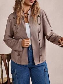 SHEIN LUNE Plus Size Suede Metal Button Casual Jacket, For Winter Fall Autumn - Khaki - View 5