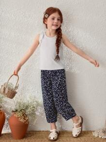 Blossori Young Girls Casual Ruffled Knit Camisole And Loose Cropped Pants Set - Multicolor - View 5