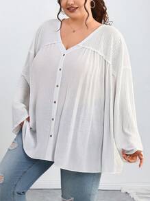 SHEIN CURVE+ Plus Size Women V Neck Single Breasted Long Sleeve Casual Loose Shirtsummer/Country/Beach Vacation Outfits/Beach Outfits/Beach Wear
