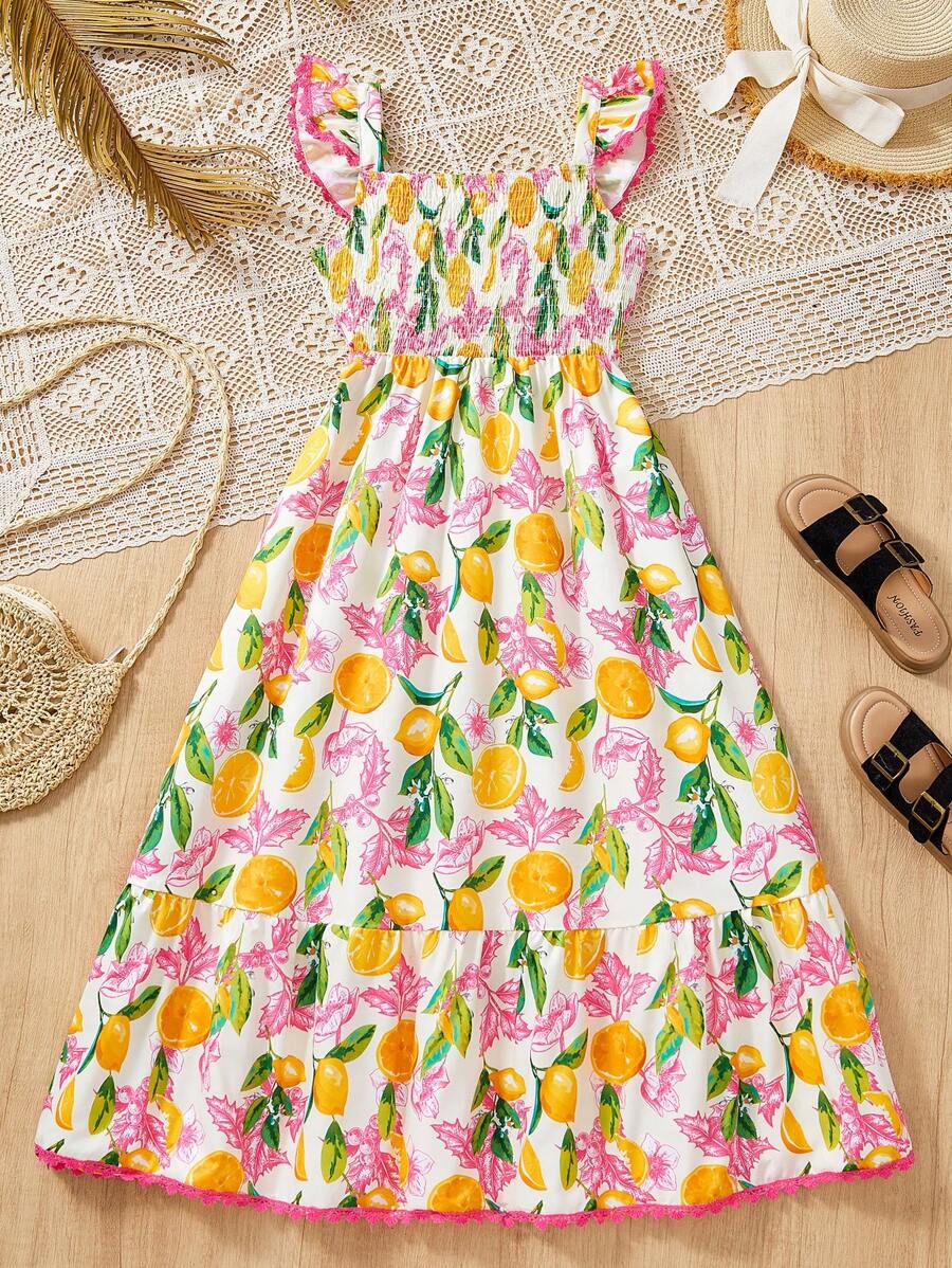 Tween GirlsYellow Cherry & Orange Graphic Sleeveless Long Dress, Comfortable & Fashionable Spring Girl Dress Summer Girl Dresses Summer Girls Dress - Apricot - View 1