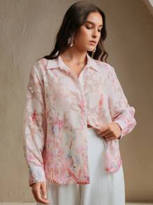 Anewsta New Fashion Plus Size Women Turn-Down Collar Single Row & Floral Print Shirt, Spring