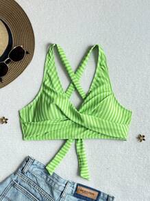 Swim Lushoire 女式夏季海滩条纹交叉后背绿色比基尼上衣 - 綠色 - 查看 3