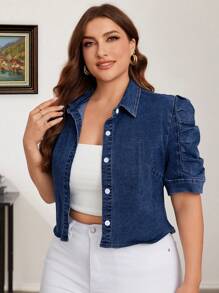 SHEIN Essnce 大码休闲破洞牛仔泡泡袖夹克 - 深色水洗藍 - 查看 4