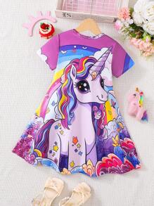1 pieza Vestido casual cómodo de manga corta con estampado de unicornio lindo para niñas, adecuado para uso diario, fiestas, escuela, festivales y otras ocasiones