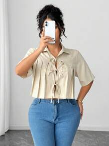 Elenzga 大码女式褶皱蝴蝶结前短款优雅衬衫系带衬衫短款衬衫女士短款衬衫时尚上衣 - 駝色 - 查看 3