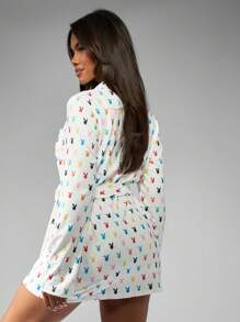 Missguided x Playboy 圣诞复古兔子印花短款和服式长袍 - 白色 - 查看 2