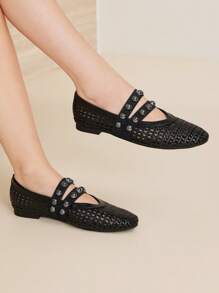 MOTF PREMIUM SUMMER BREATHABLE WOVEN MARY JANE SHOES, FASHIONABLE ELEGANT COMFORTABLE ROUND TOE HOLLOW OUT FLAT SHOES FOR WOMEN - Black - View 8