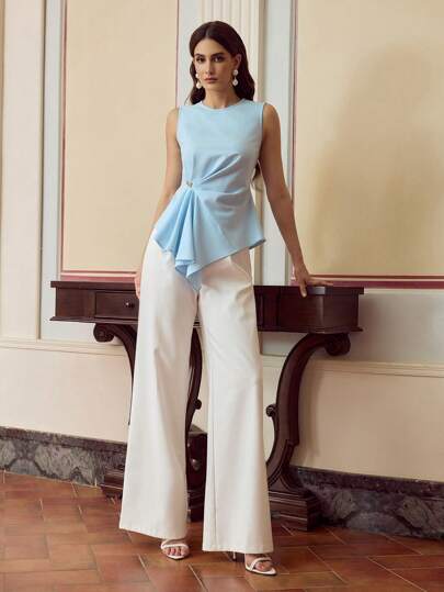 ZEYLAH Blusa elegante sin mangas con botones en la cintura