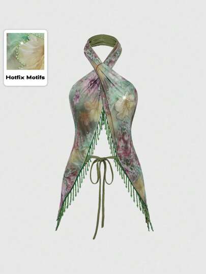 Top canotta da donna con schiena scoperta, stile boemo hippie, stampa floreale bohémien, stile vacanziero balneare West Coast, con perline e frange, tipico dello stile Y2K