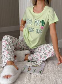 Conjunto de pijama de camiseta y pantalones de algodón con estampado de letras y cactus