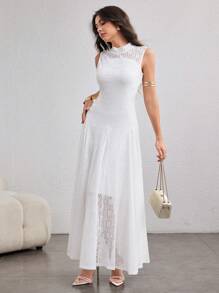 Modelyn 女式长款针织钩编无袖优雅喇叭袖修身 A 字连衣裙 - 白色 - 查看 3