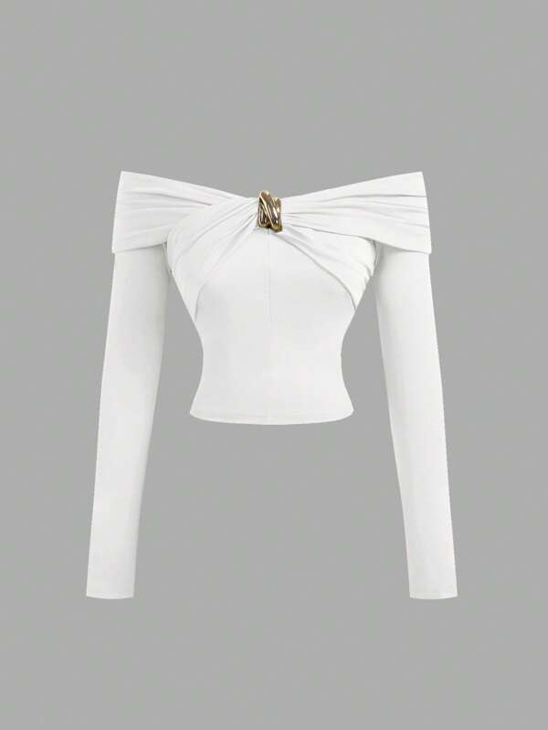 SHEIN MOD Top blanc épaules dénudées pour femmes, hauts de sortie pour femmes, hauts Y2K, Top pour le Nouvel An, Top sexy, hauts de fête pour femmes, Top tricoté pour femmes, hauts pour femmes, Nouvel An pour femmes