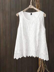 Linhara Plus Size Women Embroidery Sleeveless Round Neck Slim Camisole Top, Fashionable, Versatile, Suitable For Spring/Summer - White - View 1