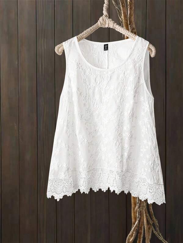 Linhara 大码女式刺绣无袖圆领修身吊带背心，时尚百搭，适合春夏季