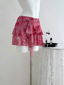 Elamini Spring/Summer Boho Tropical Floral Layered Ruffle Trim Low Waist Mini Skirt - Pink - View 5