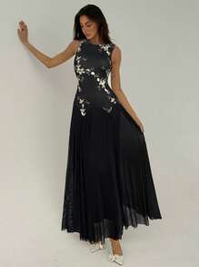 Aloruh Vestido sin mangas con cintura ceñida y bordado floral elegante para mujer