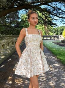 Glamine 女士甜美浪漫金线提花细肩带A字型网眼蓬松连衣裙、公主裙、派对裙、伴娘裙、约会裙、生日迷你裙、女士夏季连衣裙、女士度假装、女士白色连衣裙、优雅派对连衣裙、金白碎花连衣裙、优雅夏装 - 杏色 - 查看 5