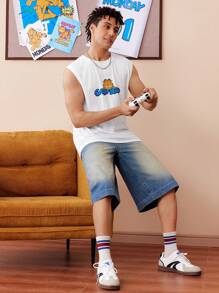 GARFIELD | SHEIN 男士开学季宽松宽肩卡通图案百搭白色背心 - 白色 - 查看 3