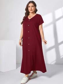 SHEIN Essnce Plus Size Women's Spring And Summer Fashion Casual Loose Comfortable Daily Short-Sleeved Green V-Neck Pocket Long Dress,Summer Outfits For Women,Church Clothes Women,Old Money Style Women,Teacher Outfits For Women,Airport Outfit For Women,Minimalist Style,Maxi Dress - Burgundy - View 5