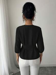 Elenzga Blusa elegante de mangas de linterna con nudo al frente y cintura ceñida - Negro - Ver 2