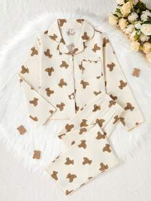 适合青春期女孩的学校女孩睡衣桃色可爱樱桃印花长裤和长袖休闲两件套睡衣套装