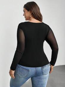 SHEIN Privé Camiseta girante delantero de malla en contraste - Negro - Ver 2