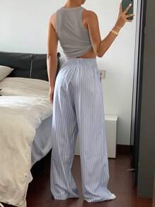 DAZY Conjunto de pijama para mujer con top tipo camiseta de unicolor simple y pantalón holgado a rayas