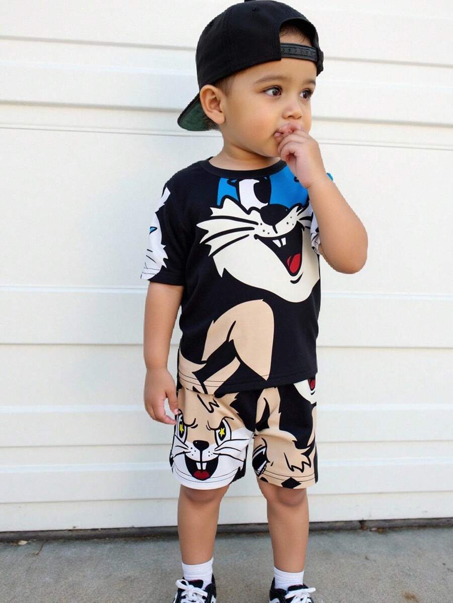 Baby Boys 2pcs Cartoon Rabbit Print Knitted Soft Crewneck Short Sleeve Pullover And Shorts Set