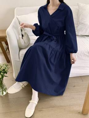 SHEIN Mid-Length V-Neck Blue Shirt Dress For Teenage Girl, Elegant Korean Style Summer Holiday Dress