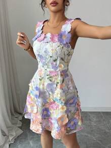 Franclia 女式海滩度假无袖束腰刺绣3D花卉迷你连衣裙 - 彩色 - 查看 7