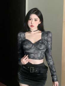 DAZY 女士扎染复古印花水钻领短款上衣，新年夜长袖女式上衣，外出上衣 - 深灰色 - 查看 3