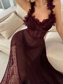 SHEIN Women's Sexy Lace Floral Mesh Spaghetti Strap Long Nightgown With Waist Design Lingerie Dress See Through Dress Long Night Dress Lace Dress - Maroon - View 5