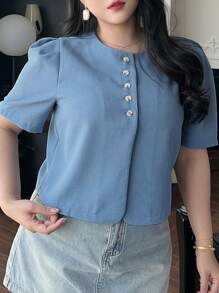 Dazy Plus Plus Size Solid Color Round Neck Short Buttoned Decorative Short Sleeve Shirt, Back To School Clothes - Blue - View 9
