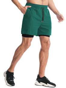 Manfinity Sport Corelite Pantalones cortos deportivos de verano informales para hombres con cintura con cordón, bolsillos parche y 2 en 1