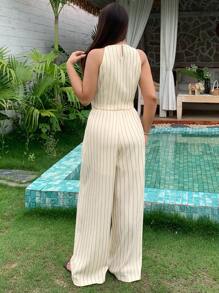 Dazy Plus 2 Pieces Set Crew Neck Cropped Tank Top & Loose Striped Pants