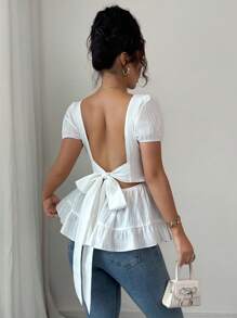 Chiquease Women Square Collar Ruffle Hem Backless Tied Waist Short Sleeve Blouse - White - View 8