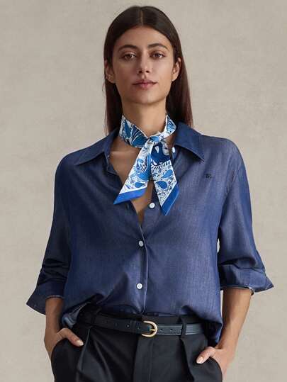 Briarwyn 复古硬币印花牛仔蓝色长袖衬衫夏季女士沙滩机场装