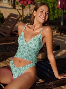 Swim Mod 2pcs/Set Small Flower Printed Spaghetti Strap Deep V-Neck Ruffle Bow Decorated Ladies Camisole Bikini Top And Bottom Set For Summer Beach Vacation