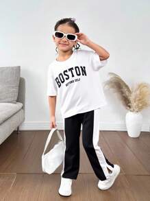 SHEIN Young Girl Knitted Solid Color Loose Letter Print Round Neck Casual T-Shirt And Knitted Color-Block Casual Loose Pants Two-Piece Set Kpop Outfit For Kidstrendy Outfit For Kidstrending Outfit For Young Girl