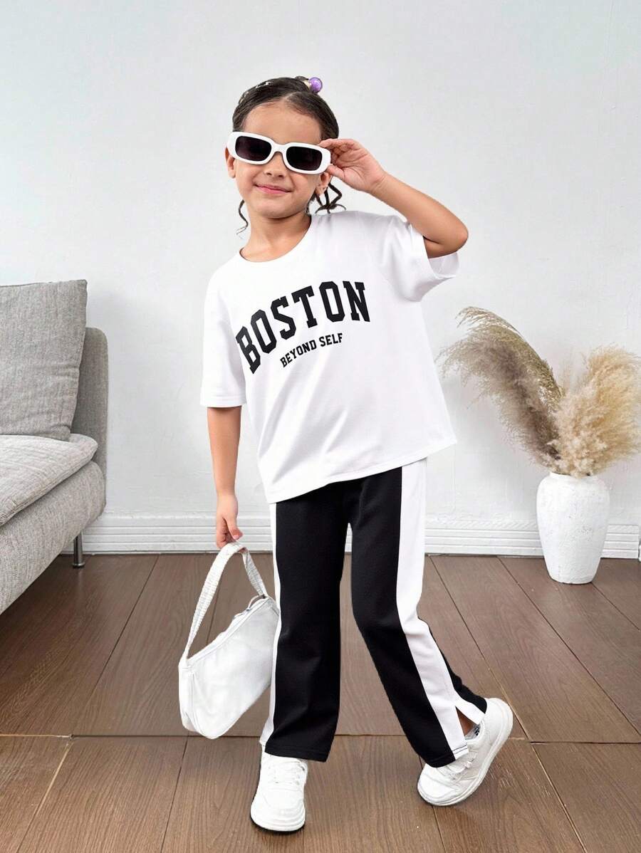 SHEIN Young Girl Knitted Solid Color Loose Letter Print Round Neck Casual T-Shirt And Knitted Color-Block Casual Loose Pants Two-Piece Set Kpop Outfit For Kidstrendy Outfit For Kidstrending Outfit For Young Girl