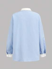 SHEIN Girlism 三件套：蓝白撞色宽松衬衫、松紧腰撞色短裤和纯白色工字背心，适合青少年女孩的舒适休闲装，适合春夏秋季 - 藍白色 - 查看 12