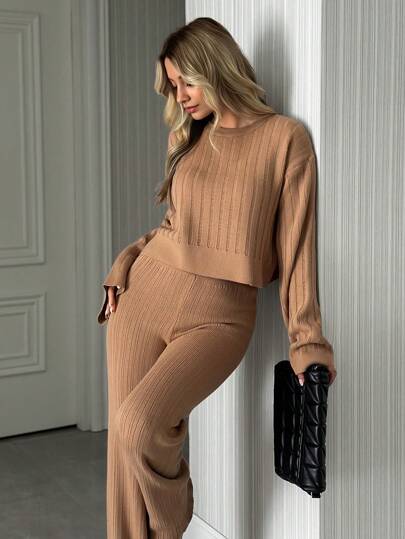 EURMUSE WOMEN'S CAMEL DROP STITCH KNIT SET – CROP TOP & HIGH-WAIST SKIRT CO-ORD,Petite,Winter Clothes