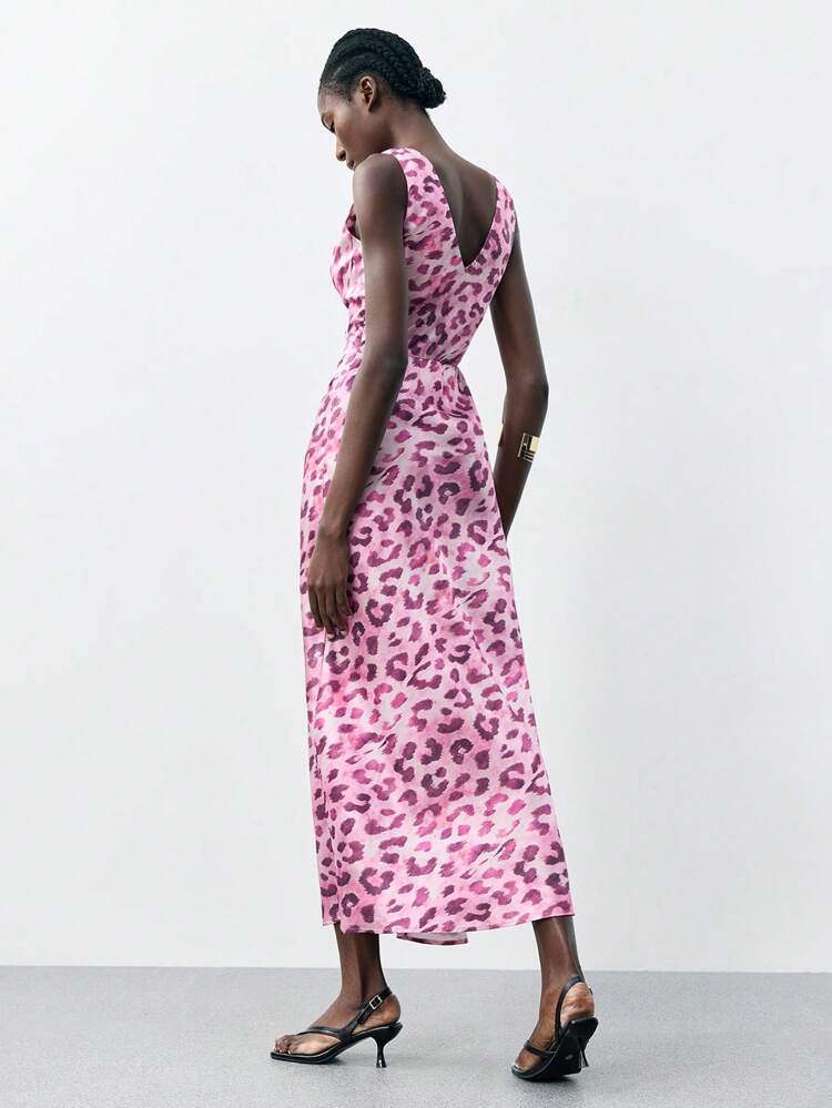 SHEIN Maija Abito lungo aderente da donna con vita arricciata e stampa leopardata, senza maniche, elegante per uso aziendale urbano e casual