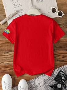 SpongeBob SquarePants X SHEIN Camiseta de cuello redondo de manga corta con estampado de dibujos animados para niño preadolescente, para verano
