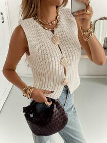 Siren Gaze 女士纯色贝壳形金属纽扣休闲百搭无袖毛衣背心，粗针缝线毛衣背心，适合秋季单穿，冬季叠穿毛衣上衣，贝壳形金属纽扣，毛绒质感保暖毛衣面料，修身短款廓形，圆领套头毛衣背心，简约时尚休闲日常通勤，针织上衣女，女式毛衣背心，女式针织背心，秋装 - 杏色 - 查看 5